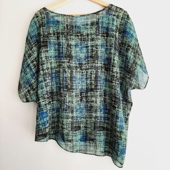CABI Semisheer Asymmetrical Hem Light Blouse Top Green & Blue Sz L - Picture 6 of 10